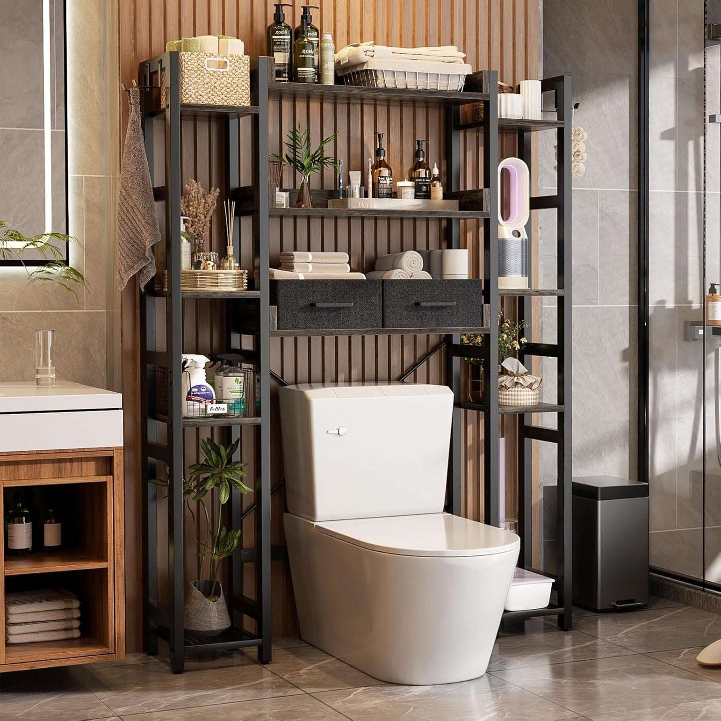 Over The Toilet Storage with 2 Drawers - 11 Tier Bathroom Organizer Freestanding Space Saver Storage Rack with Adjustable Shelf Above Toilet Stand with 4 Hooks for Restroom, Laundry, Grey Oak