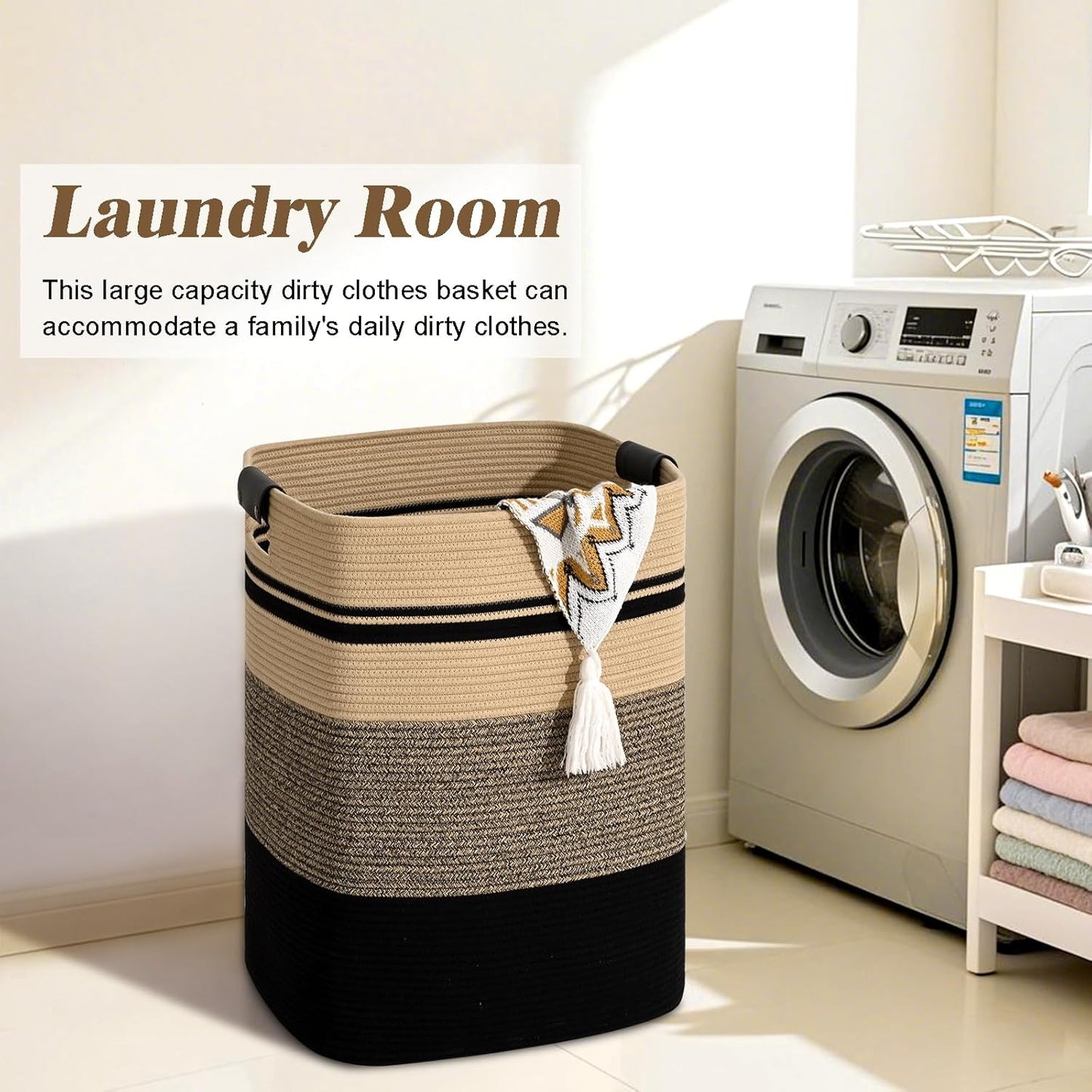 Laundry Hamper, 85L Tall Laundry Basket with Leather Handles, Rectangle Large Clothes Hamper for Organizing, Cotton Woven Laundry Baskets Storage Hampers for Bedroom, Nursery, Living Room