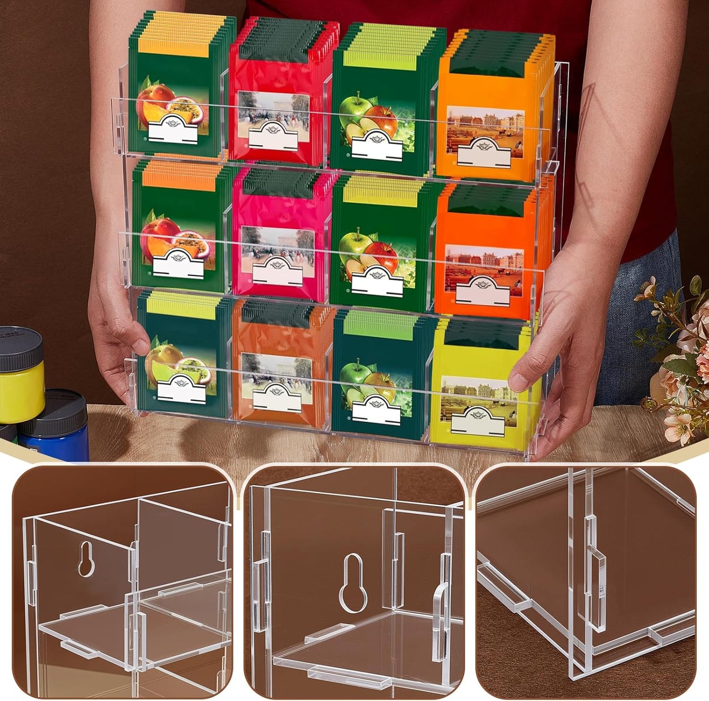 Acrylic Tea Bag Organizer 3 Tier Clear Tea Bag Holder & Storage Rack Display Stand Rack for Counter Cabinet Countertop Kitchen Office Holds 200+ Tea Packets