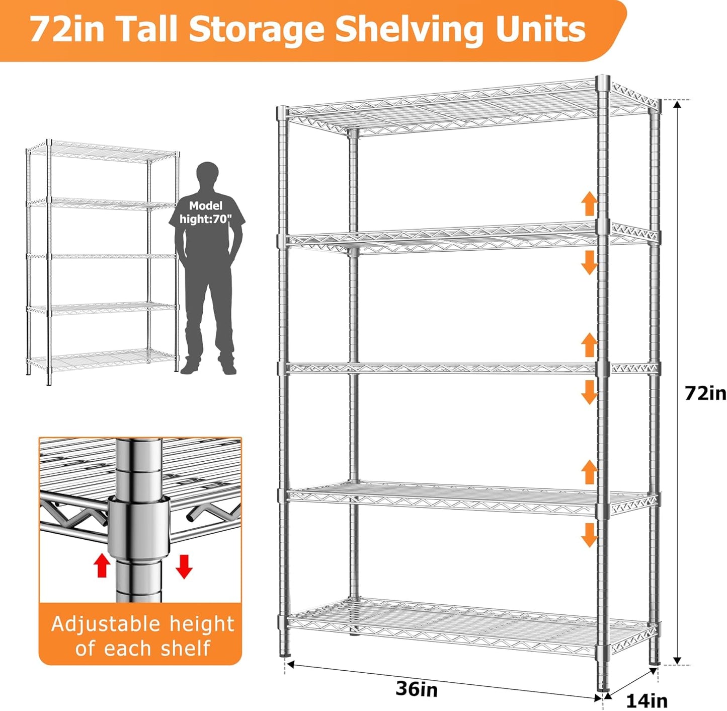 Storage Shelves Heavy Duty, 3 PCS 36" L x 14" W x 72" H Garage Wire Shelving Unit Loads 1750LBS, 5-Tier Adjustable Metal Industrial Utility Shelf Rack for Kitchen, Laundry Room, Warehouse, Basement