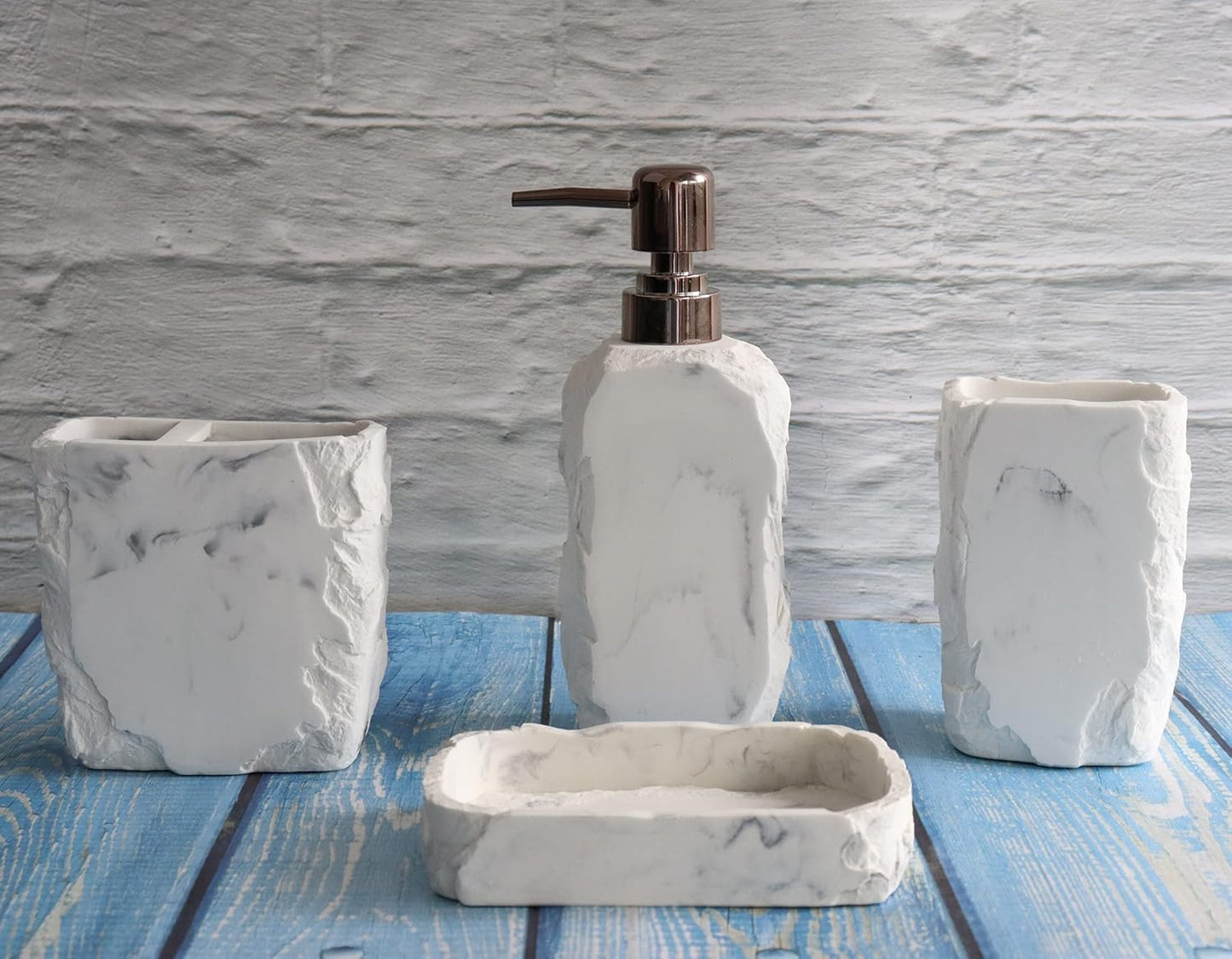 Hymmah Marble Bathroom Accessories Set,Marble Design Toothbrush Holder,Farmhouse Bathroom Decor,4 Pcs Resin Gift Set Apartment Necessities, Contain Toothbrush Cup,Soap Dispenser,Soap Dish,Tumbler