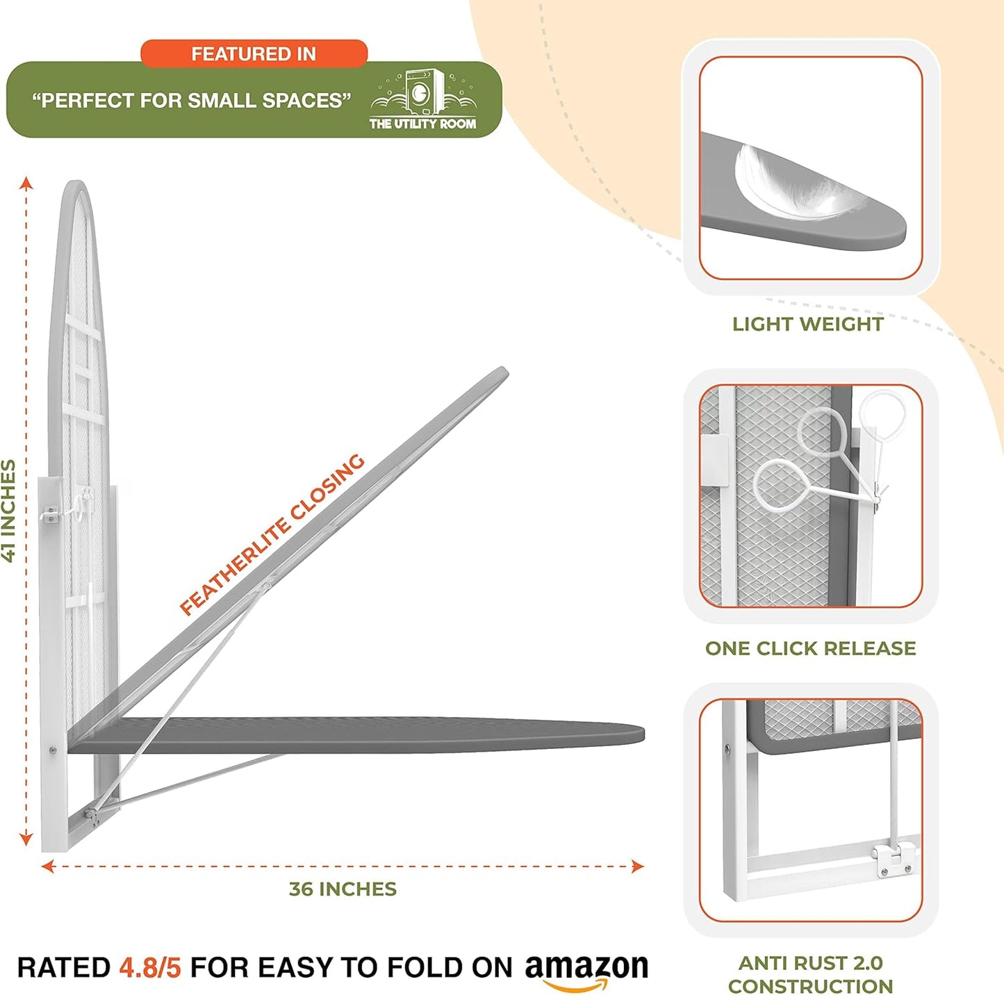 Xabitat Wall Mounted Ironing Board, 36.2" X 12.2" Compact Mount Fold Down Iron Board for Small Spaces, Space Saving with Cotton Fabric Cover, Black and Grey