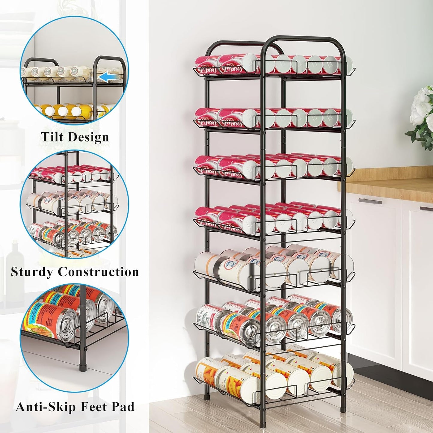 GILLAS 3 5 6 7 8 Tier Water Bottle Storage Rack, Free Standing Vertical Metal,Water Bottle Organizer, Large Capacity Bottled Rack Water Holder Stand for Cabinet Kitchen Party Pantry,Black