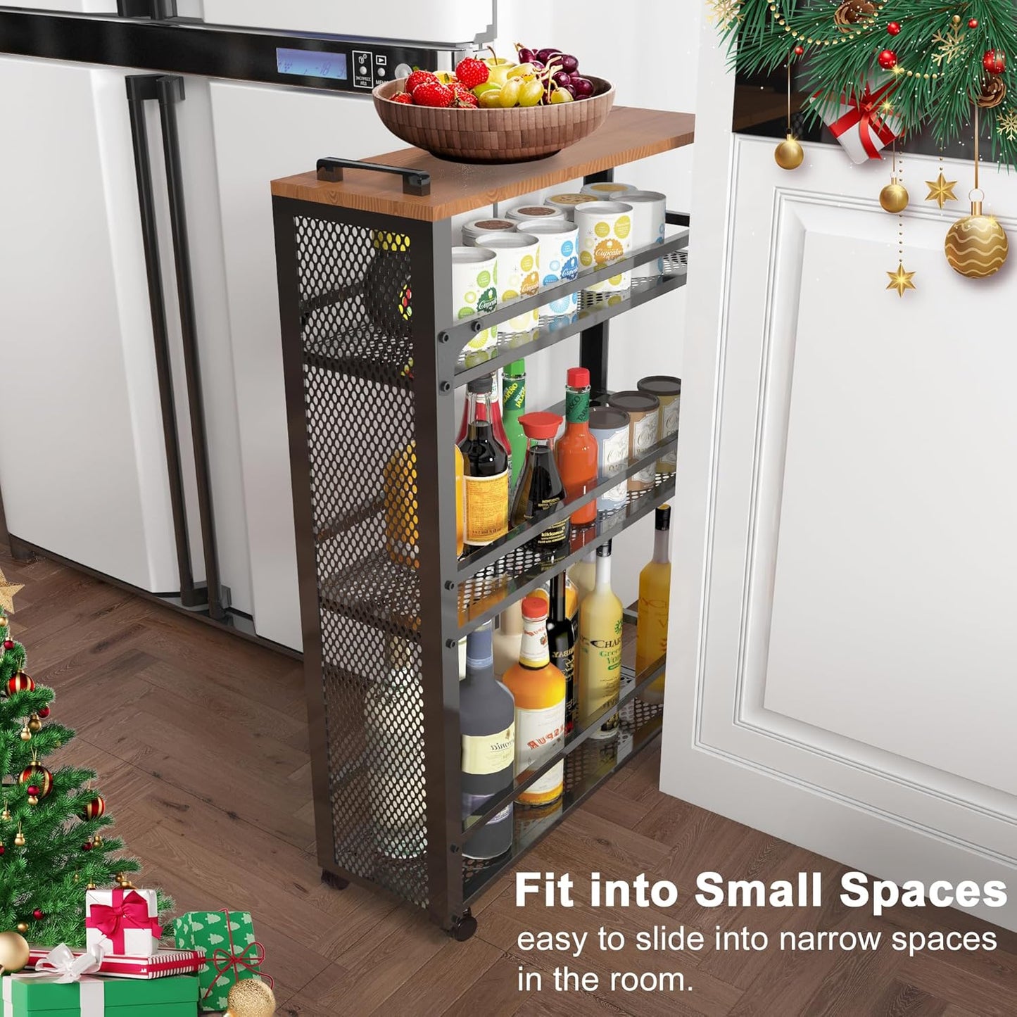 2025 New, Slim Kitchen Storage Cart, 3-Tier Metal Rolling Utility Cart Mesh Basket, Multifunction Wire Basket Shelf Trolley for Home Laundry, Bathroom, Living Room, Black