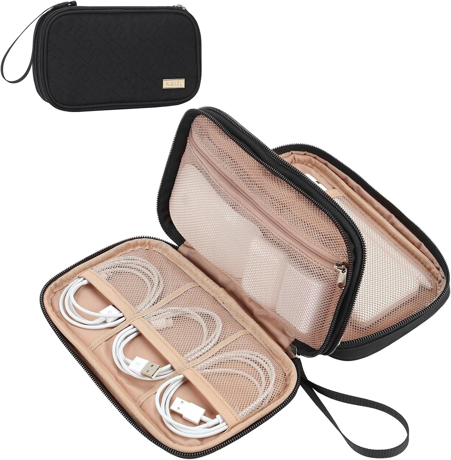 NISHEL Travel Cord Organizer Case, Double Layers Tech Electronic Bag, Essentials for Charger, Cable, Phone, Flash drive, Medium, Black