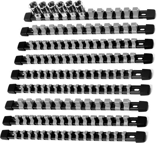 Socket Organizer Drive ABS Tools - Grey Socket Holder, Premium Quality 9 Pieces Socket Holders Kit 1/4-Inch x 48 Clips, 3/8-Inch x 45 Clips, 1/2-Inch x 36 Clips（9PC,Grey)