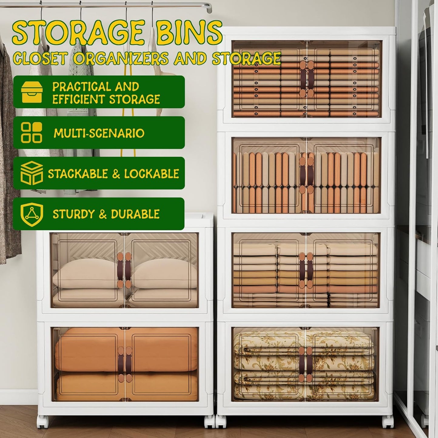 Storage Bins with 2 Lids and Wheels, Collapsible Bathroom Storage Cabinet with Clear Doors, Plastic Stackable Closet Organizers and Storage Containers White 942 QT