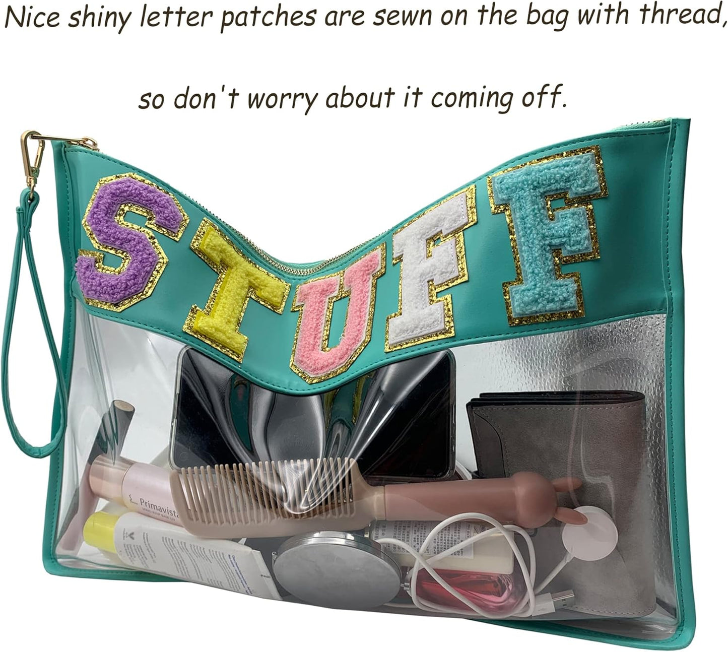 TopTTanBo Chenille Letter Clear Bag Purse Multi-purpose Transparent Waterproof Snacks Makeup Tote Bag with Wrist Strap