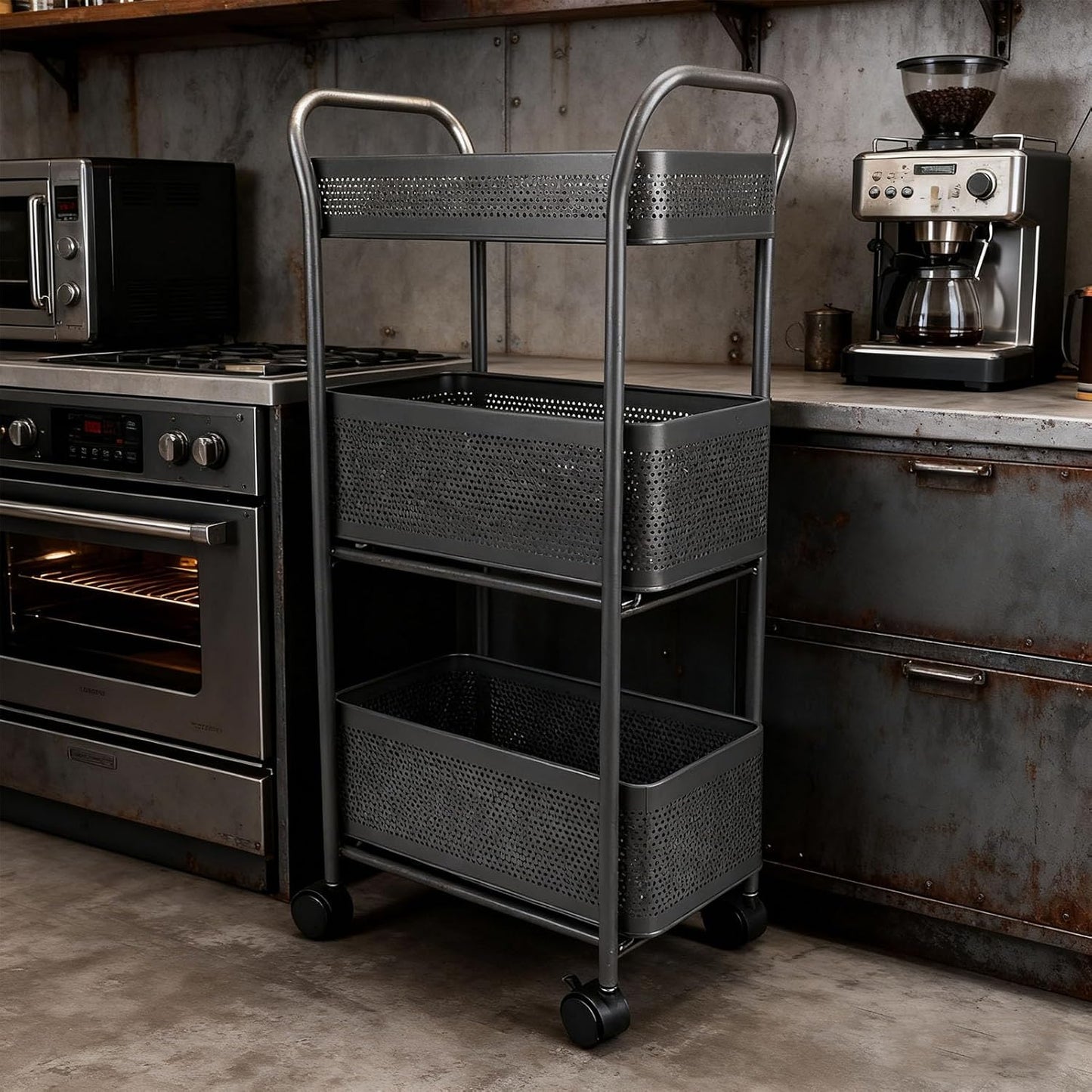 3 Tier Rolling Cart, Steel Multi Functional Movable Storage Organizer with Sliding Mesh Basket and 4 Quiet Wheels for Kitchen Bathroom Bedroom Living Room Laundry Room