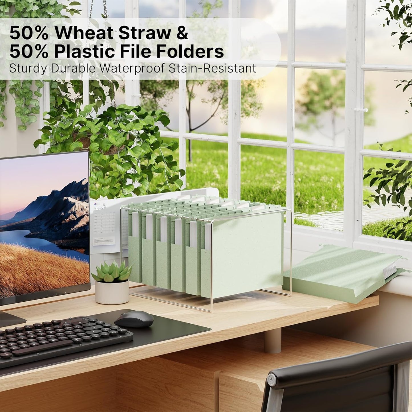 Wheat Straw Plastic Hanging File Folder Letter Size,Heavy Duty 1 Inch Expansion,12 Pack Extra Capacity Hang Folders for Filing Cabinet,Reinforced File Pockets Folder with Tabs(Morandi Green)
