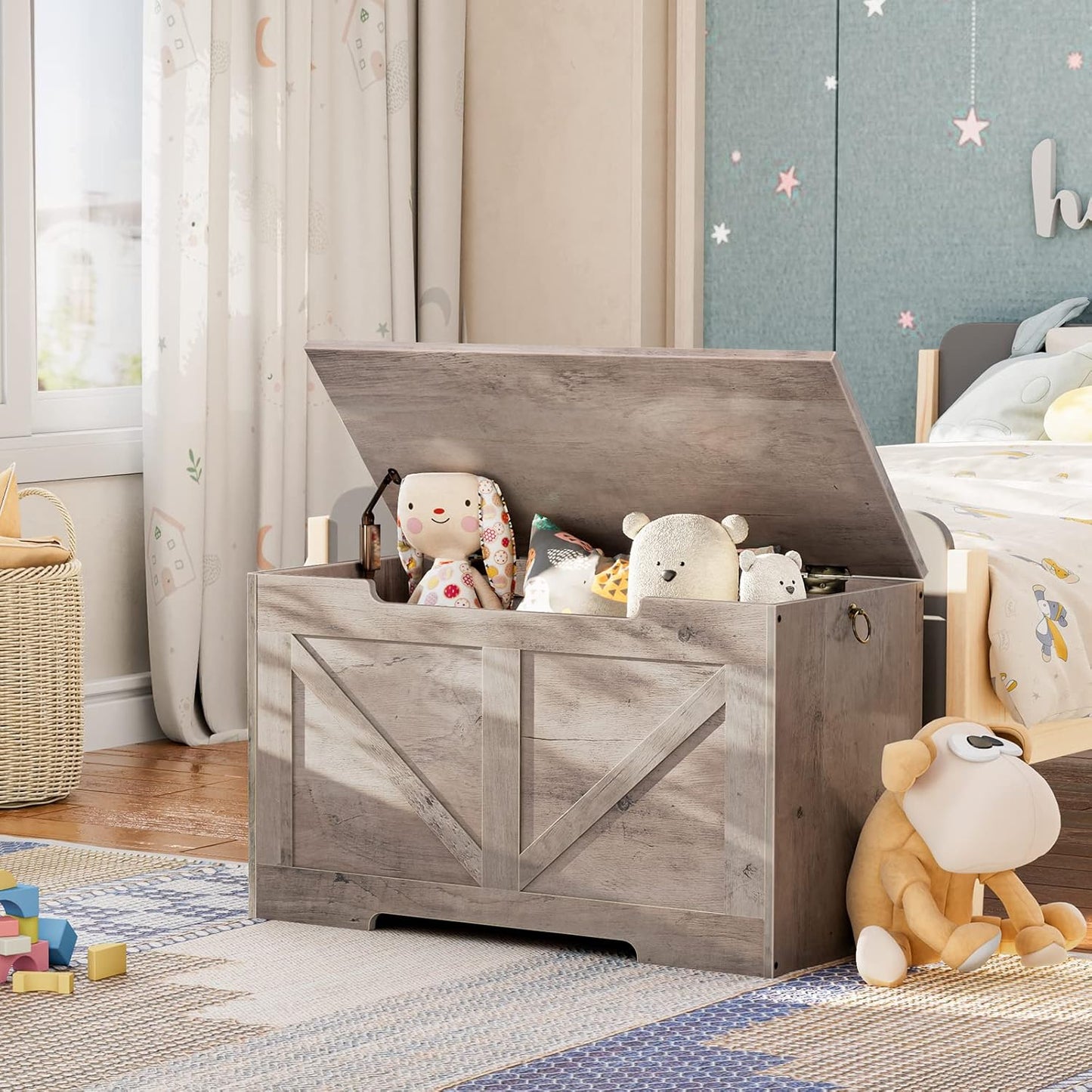 HOOBRO Storage Bench, 29.5” Retro Wooden Storage Chest with U-Shaped Cut-Out Pull, Safety Hinge, Supports 220 lb and Easy Assembly for Toy Box Organizer (Greige) BG77CW01
