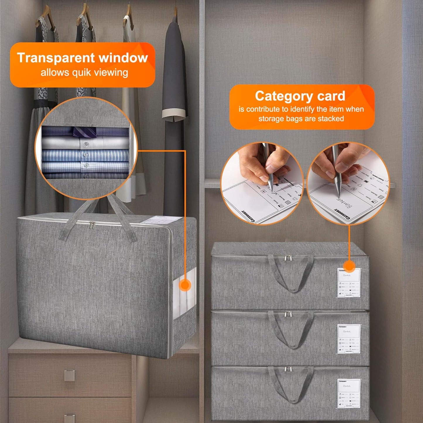 3 Pack 105L Comforter Storage Bags, Extra Large Bedding Storage Bags with Card and Clear Window, Reinforced Handles & Zippers, Foldable Closet Organizers for Blanket Pillow Clothes