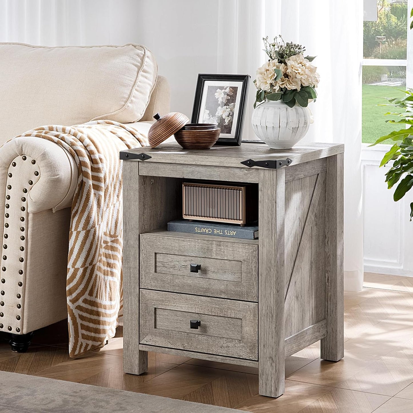 Nightstands Set of 2 with Charging Station, Farmhouse Night Stand with 2 Drawers and Shelf Storage, Wooden Side End Table, Bedside Cabinet for Bedroom, Living Room, Closet,Office (Grey)