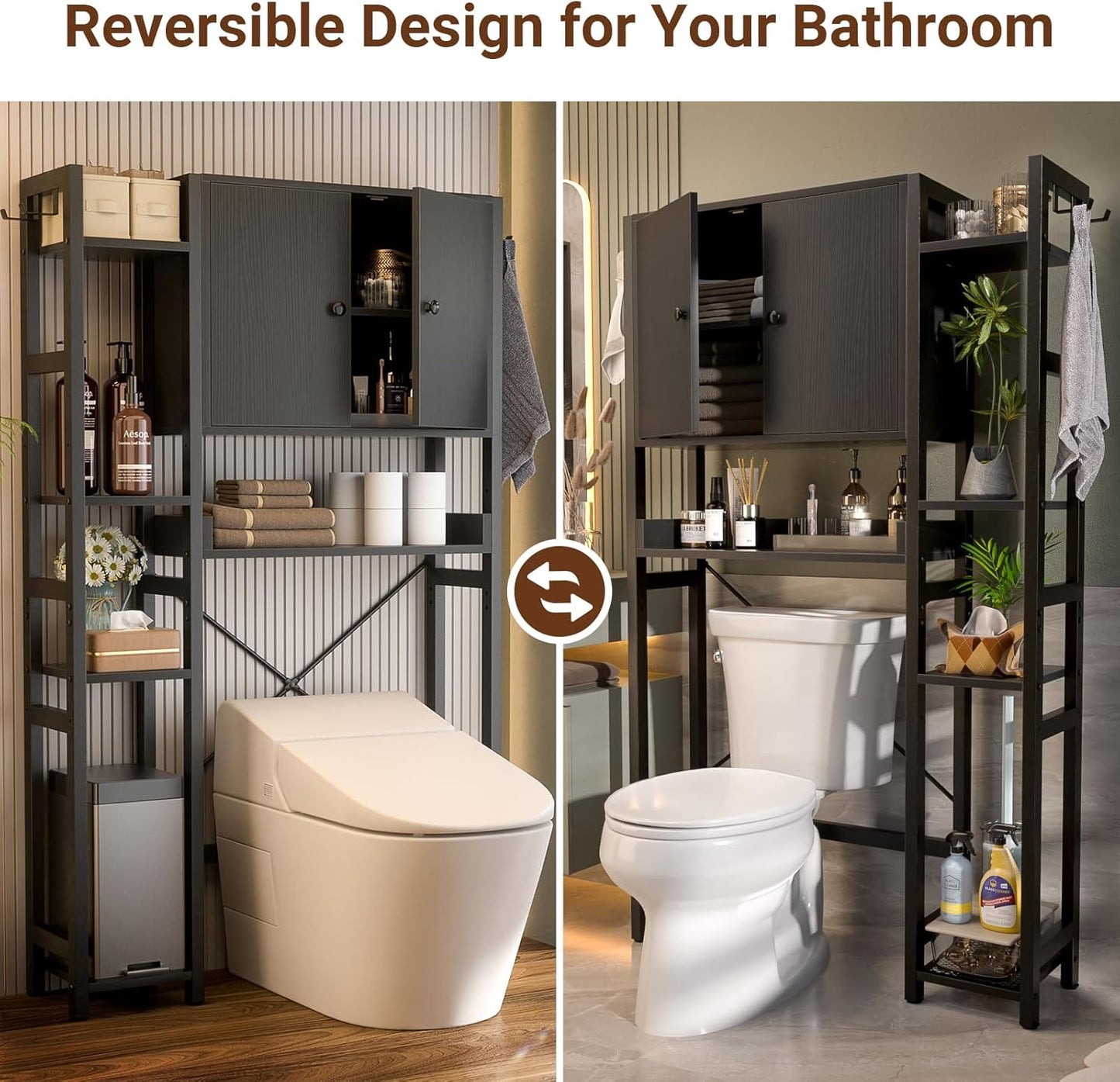 Over The Toilet Storage Cabinet with Doors - 7 Tier Bathroom Organizer with Adjustable Shelf, Freestanding Space Saver Rack Above Toilet Stand with 4 Hooks for Bathroom, Restroom, Laundry, Black