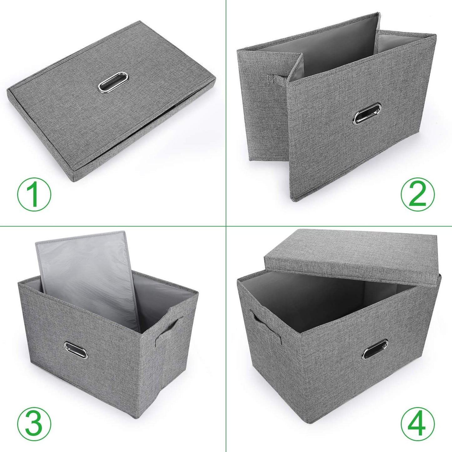 Large Linen Fabric Foldable Storage Bins with Removable Lid and Handles, Washable Storage Box Organizer Containers Baskets Cube with Cover for Bedroom,Office(Black, Large(2-Pack))