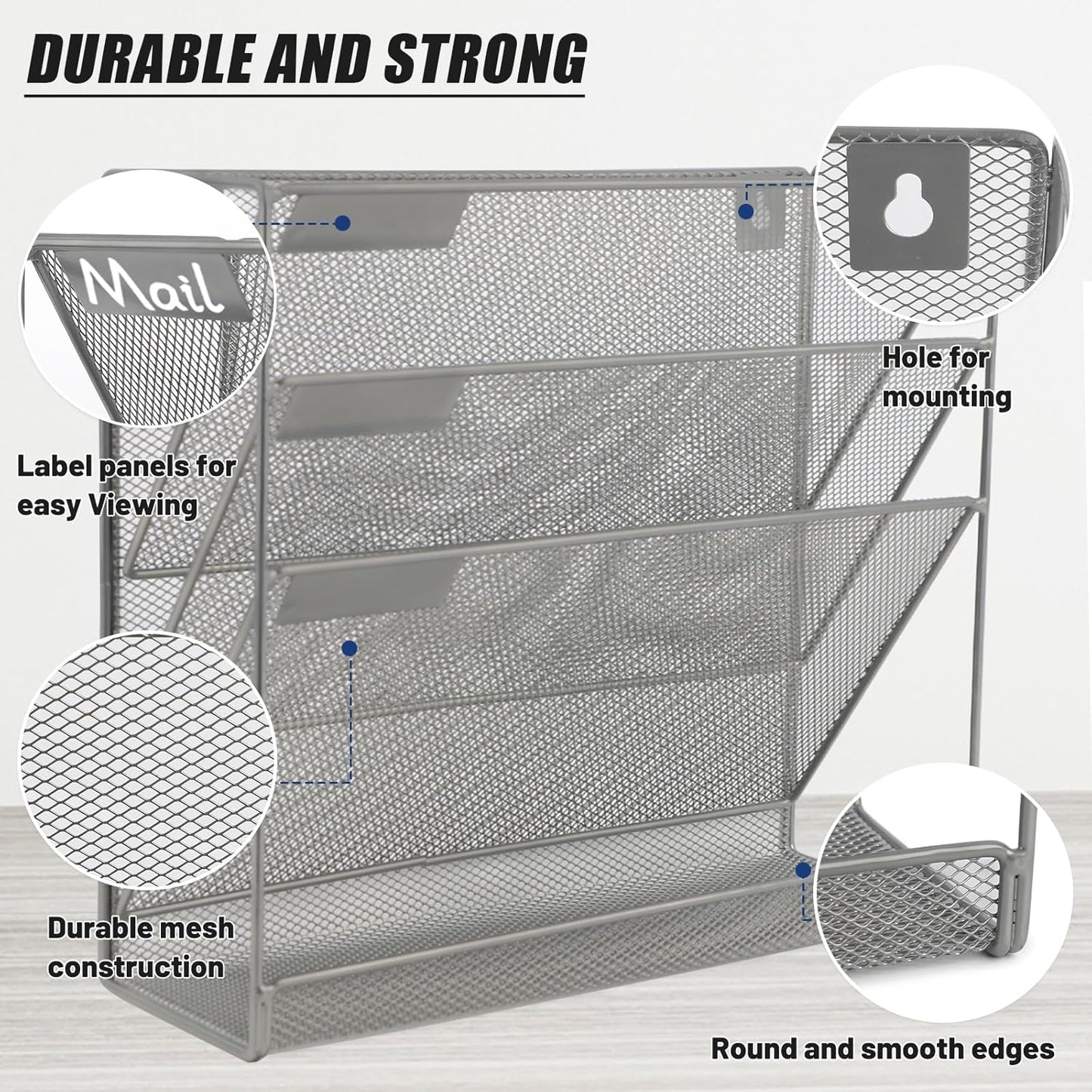 EASEPRES Desk File Organizer Mesh 4-Tier, Hanging Wall Mount Document Organization Stand, Desktop Vertical Mail Paper Folder Holder Rack with Bottom Tray for Office Home Cubicle Countertop, Gray