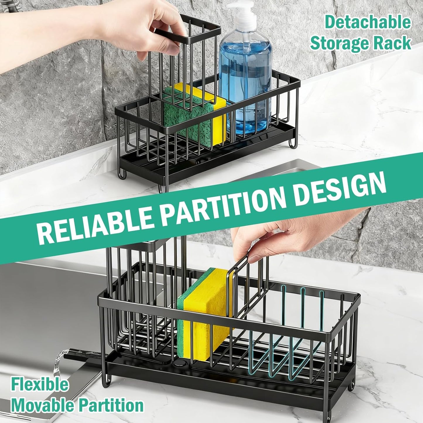 2 Pack Sponge Holder for Kitchen Sink, Sink Caddy Organizer with High Brush Holder & Auto-Drain Tray, Stainless Steel Countertop Storage for Soap Dispenser & Dish Brush, Fast Local Shipping
