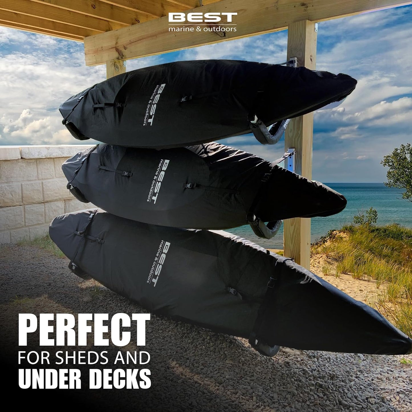 Best Marine and Outdoors Kayak Storage Rack, 2 Premium Wall Mount Racks, Kayaks & SUP Paddle Boards, 125lb Weight Capacity Garage Hanger, Indoor Outdoor Paddleboard Holder & Kayaking Accessories