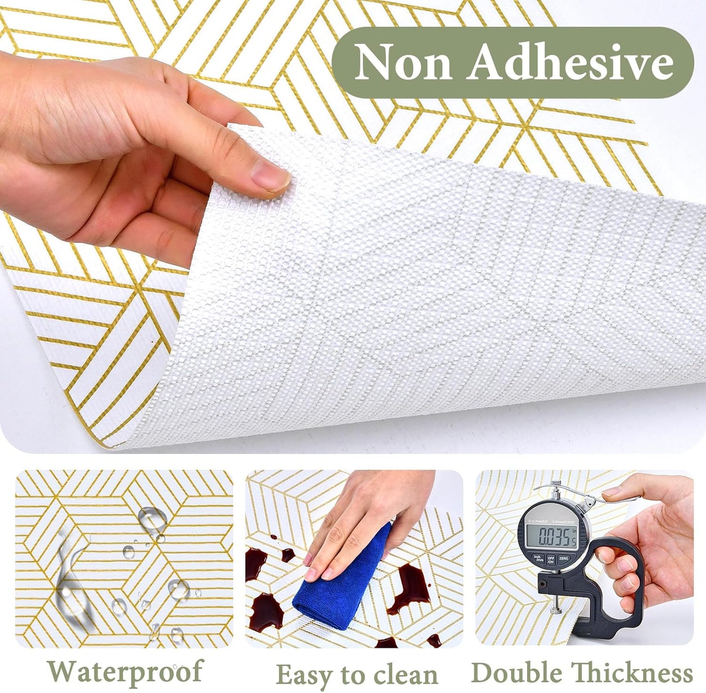 Shelf Liners for Kitchen Cabinets 17in x 40FT, Non Adhesive Cabinet Liner Strong Non-Slip Thickened Gold Geometric Drawer Liner, Easy to Clean for Shelf, Cabinet with Knife and Tape Measure