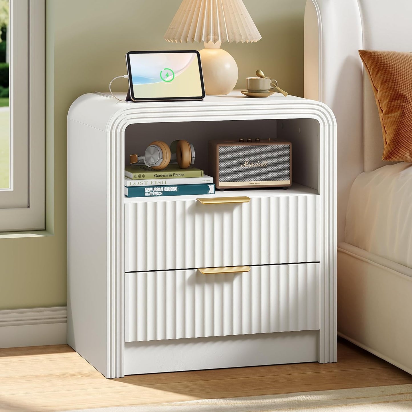 Fluted Nightstand with Charging Station, 19.7'' Wide Morden End Table with USB/Type-C Ports, 2 Drawers & Open Shelf, Curved Profile Design, Wood Bedside Table for Bedroom (White)