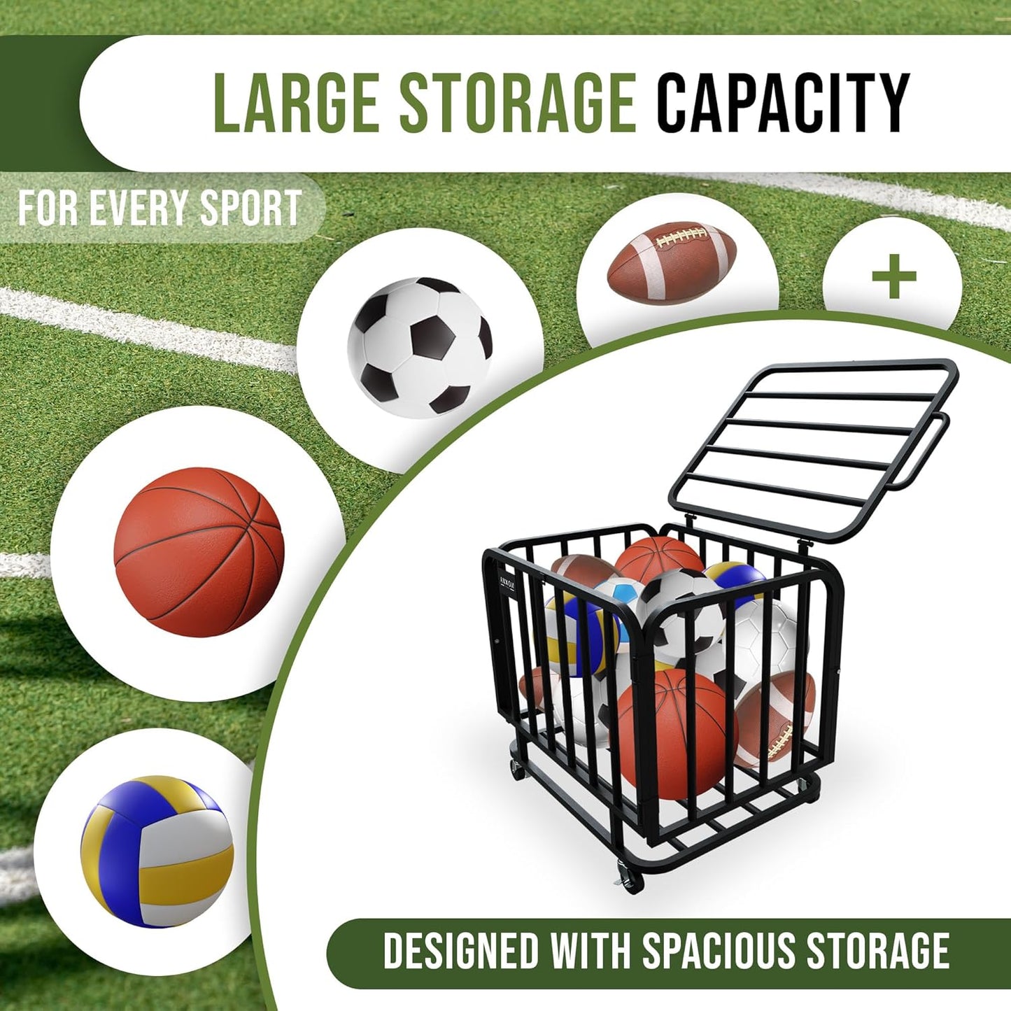 Ball Cart - Basketball Cart with Wheels, Ball Cage Garage Sports Equipment Organizer, Metal Rolling Multi Sports Ball Storage for Gym, Lockable Lid, Indoor and Outdoor.