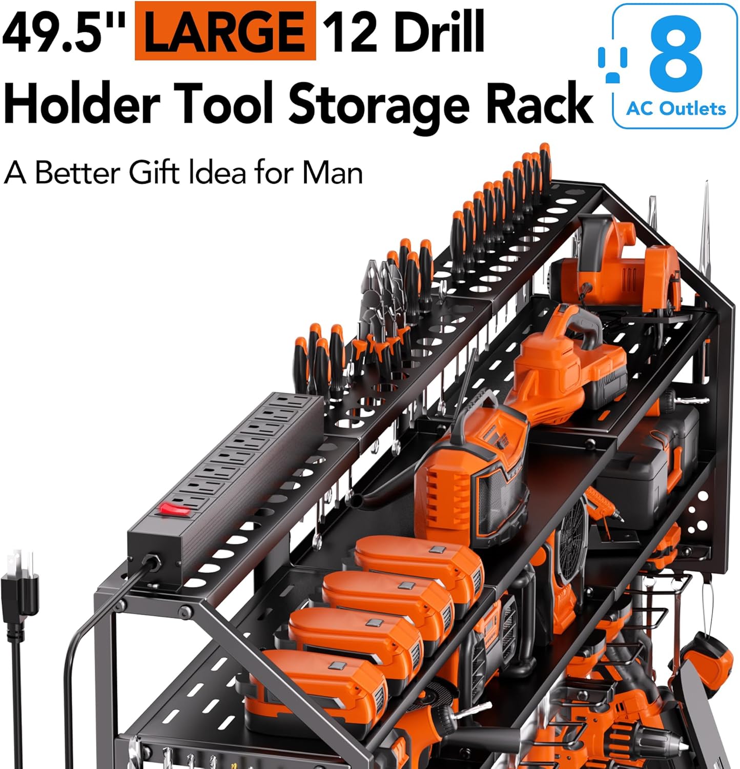 Extra Large Power Tool Organizer Wall Mount with Charging Station, 12 Drill Holders Heavy Duty with 8-Outlet Power Strip, Garage Cordless Drill Storage and Organization, Battery Utility Rack