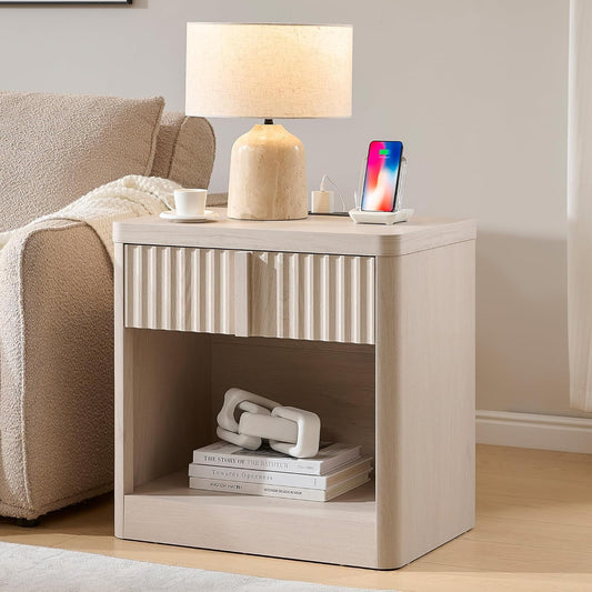 Fluted Nightstand with Charging Station, 23.6" End Table with Open Shelf and Drawers Storage, Bedside Table with Solid Wood Handle, Curved Profile Design, Night Stand for Bedroom