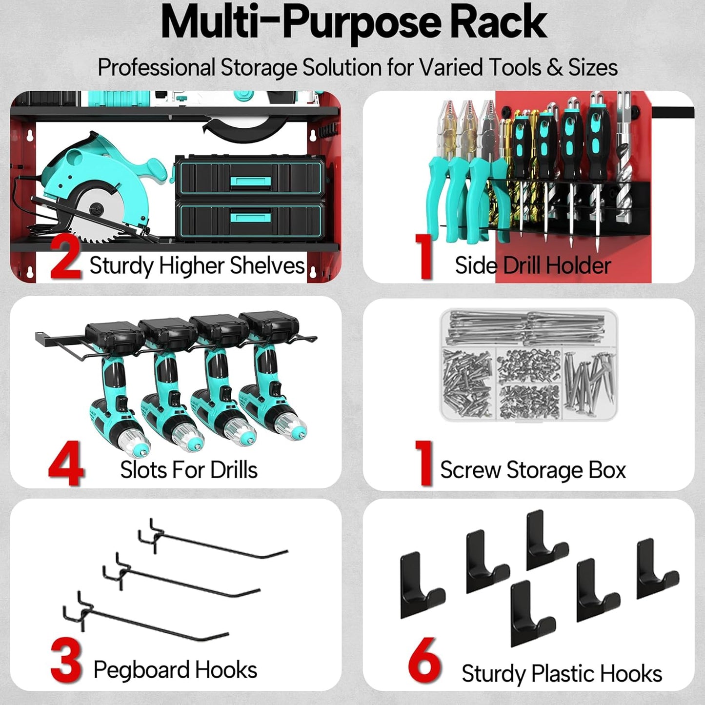 3 Layer Heavy Duty Power Tool Organizer Wall Mount with Charging Station, Adjustable Metal Storage Rack, 6 Outlets Power Strip, Drill Holders, Hooks & Drill Bit Rack for Garage, Workshop, Red