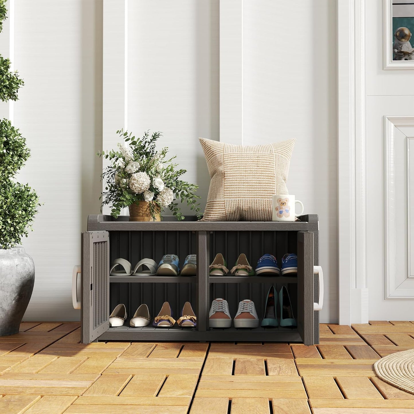 KAMABOKO Shoe Storage Cabinet Waterproof UV-Resistant, Entryway Storage Bench Indoor Outdoor with 2 Barn Doors, Adjustable Shelves for Entryway, Bedroom, Hallway,Living Room(Grey)