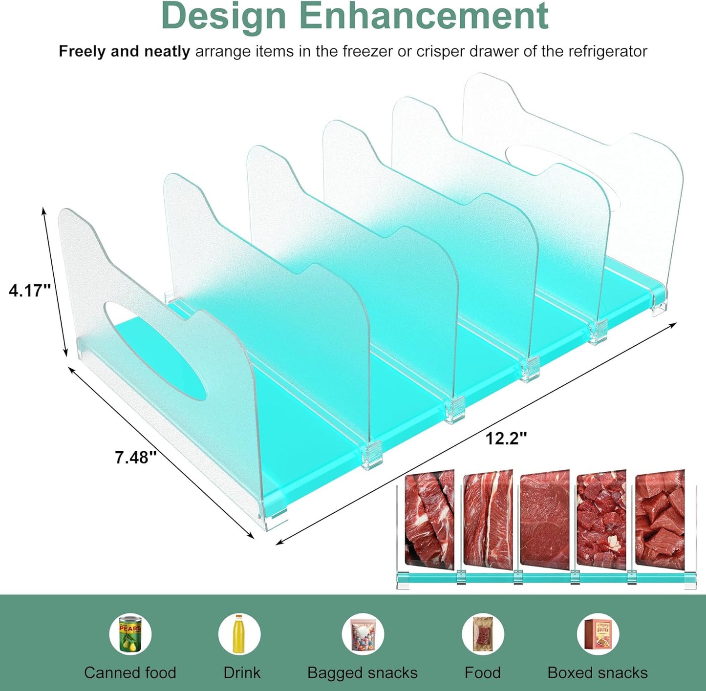 Freezer Organizer 12” Visible Fridge Organizer Rack with Removable Dividers and Handles, Freely Adjustable, Fits Refrigerator Frozen Meals, Lunch Meat Box, Cheeses (Mint Green)