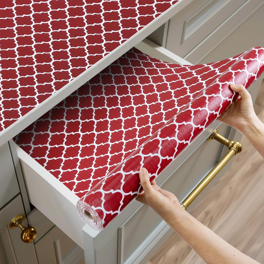 Shelf and Drawer Liner for Kitchen Cabinets Non-Adhesive, Strong Grip Non-Slip Thickened Cabinet Liners for Shelves, Waterproof Mats for Dresser Cupboard, Red/White, 12 in x 10 Feet