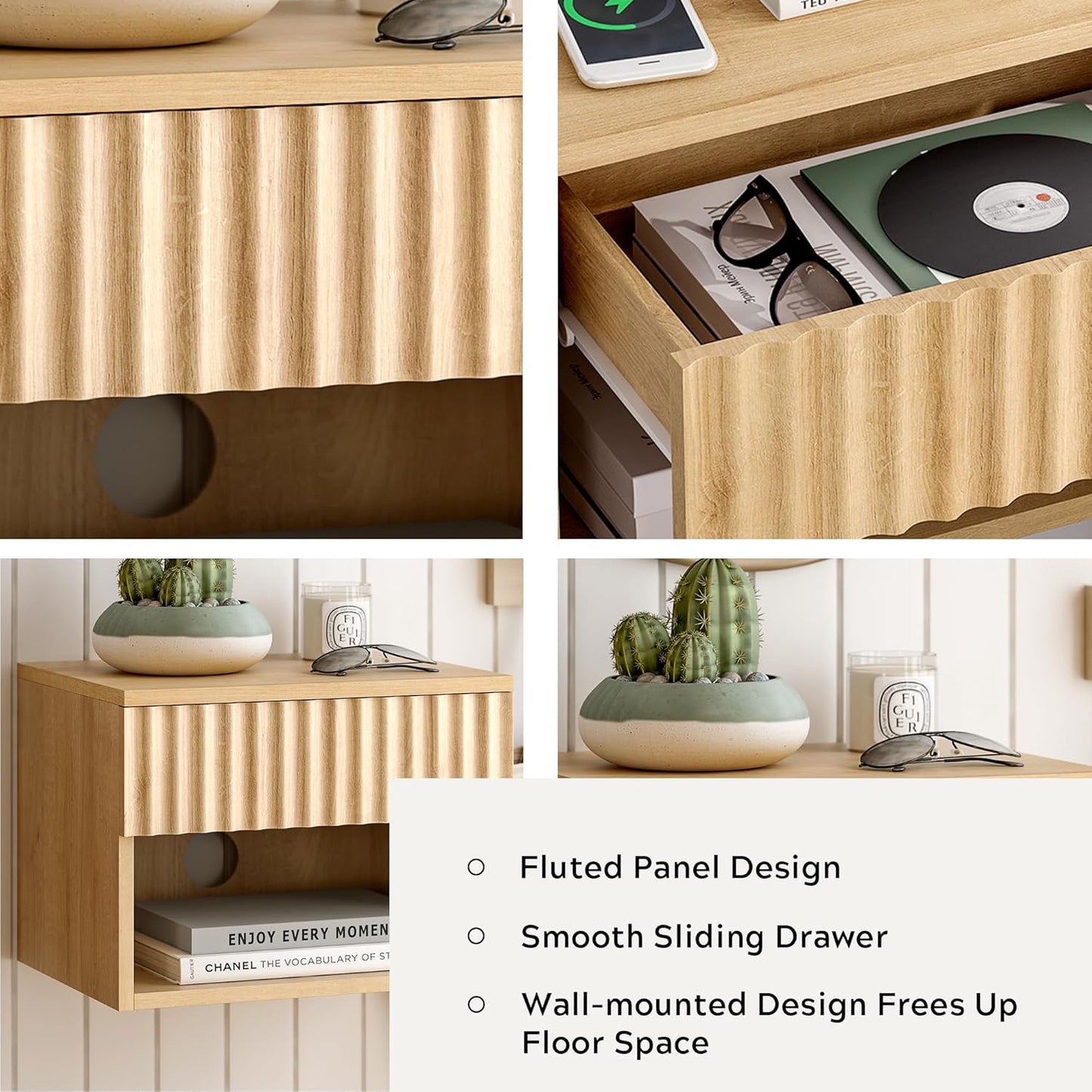 Floating TV Stands Set of 4 with Drawer and Open Shelf, Small Wall Mounted Bedside End Table, Modern Fluted Night Stand for Bedroom, Living Room, Natural Oak