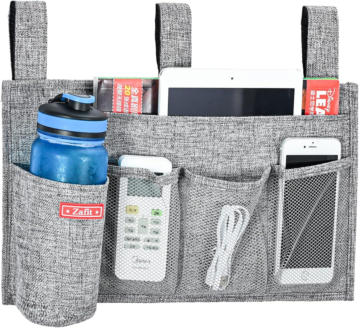 Linen Bedside Caddy, Bedside Storage Organizer for Hospital Beds, College Dorm Rooms or Baby Bed (5 Pockets-Grey)