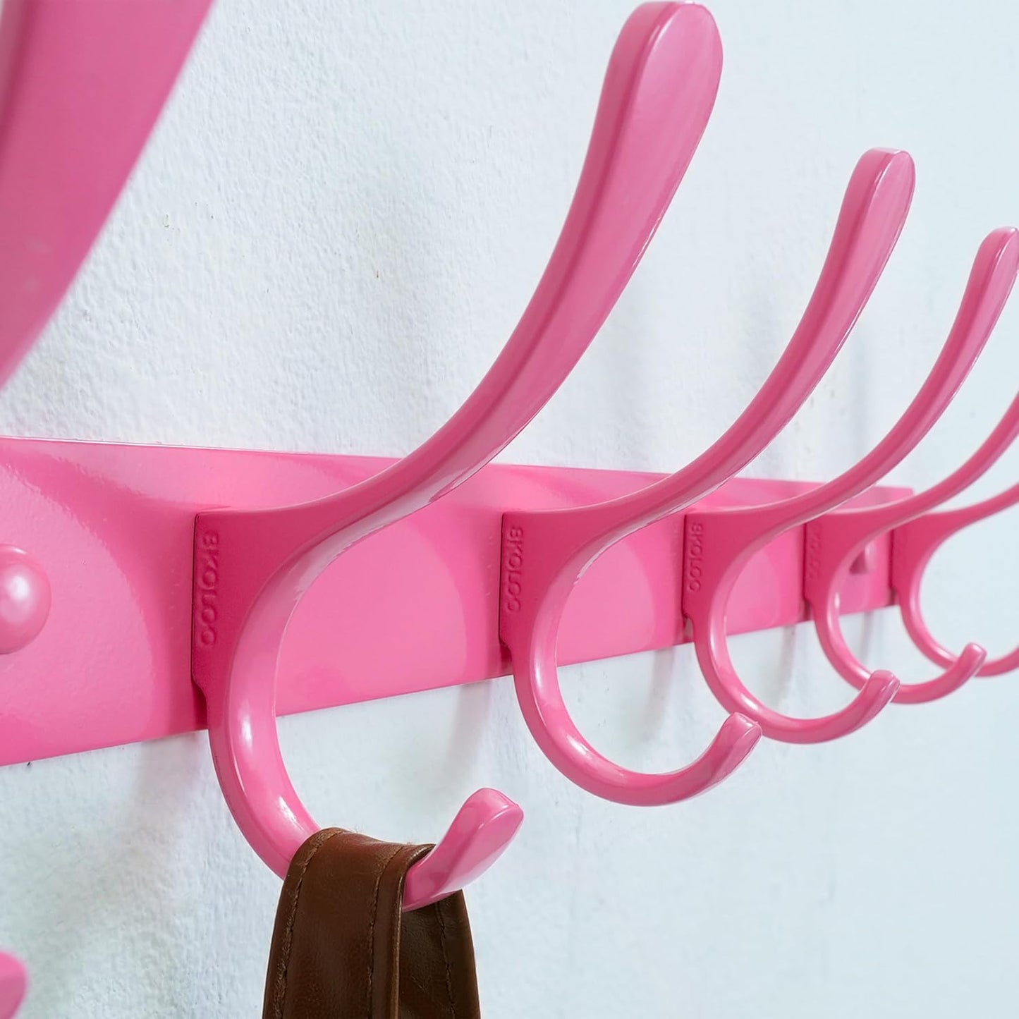 SKOLOO Wall Mounted Coat Rack - 6 Hooks, Pack of 2, Heavy Duty, Stainless Steel, Metal Wall Hanger, Sturdy Coat Hooks for Hanging Coats, Jackets, Clothes, Hats - Pink