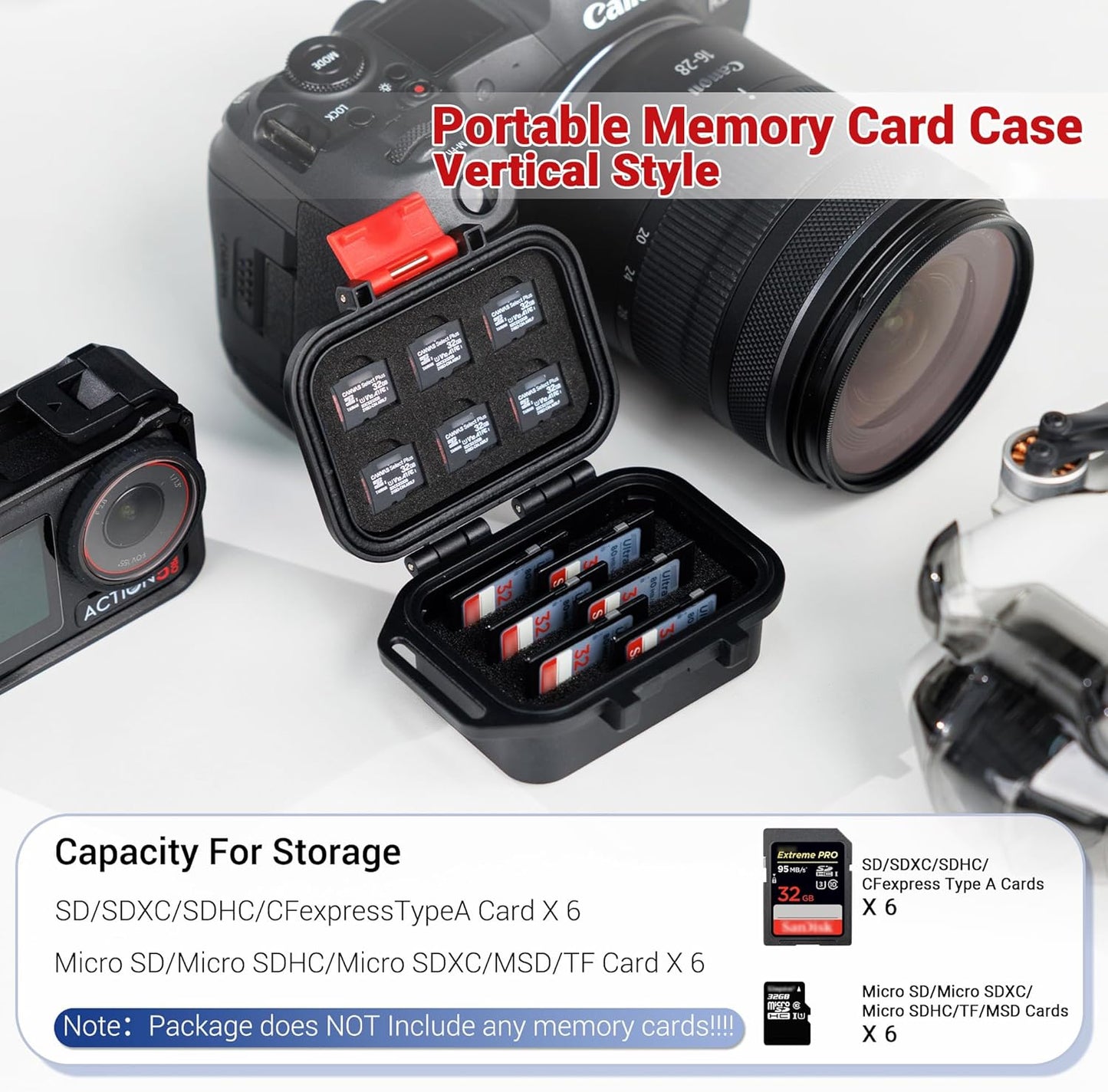 12 Slots Portable Memory Card Case,IP67 Waterproof Travel Camera SD MicroSD Memory Card Holder Storage Carrying Case for 6 SD SDXC SDHC CFexpress Type A Cards & 6 TF MSD Cards with Vertical Design