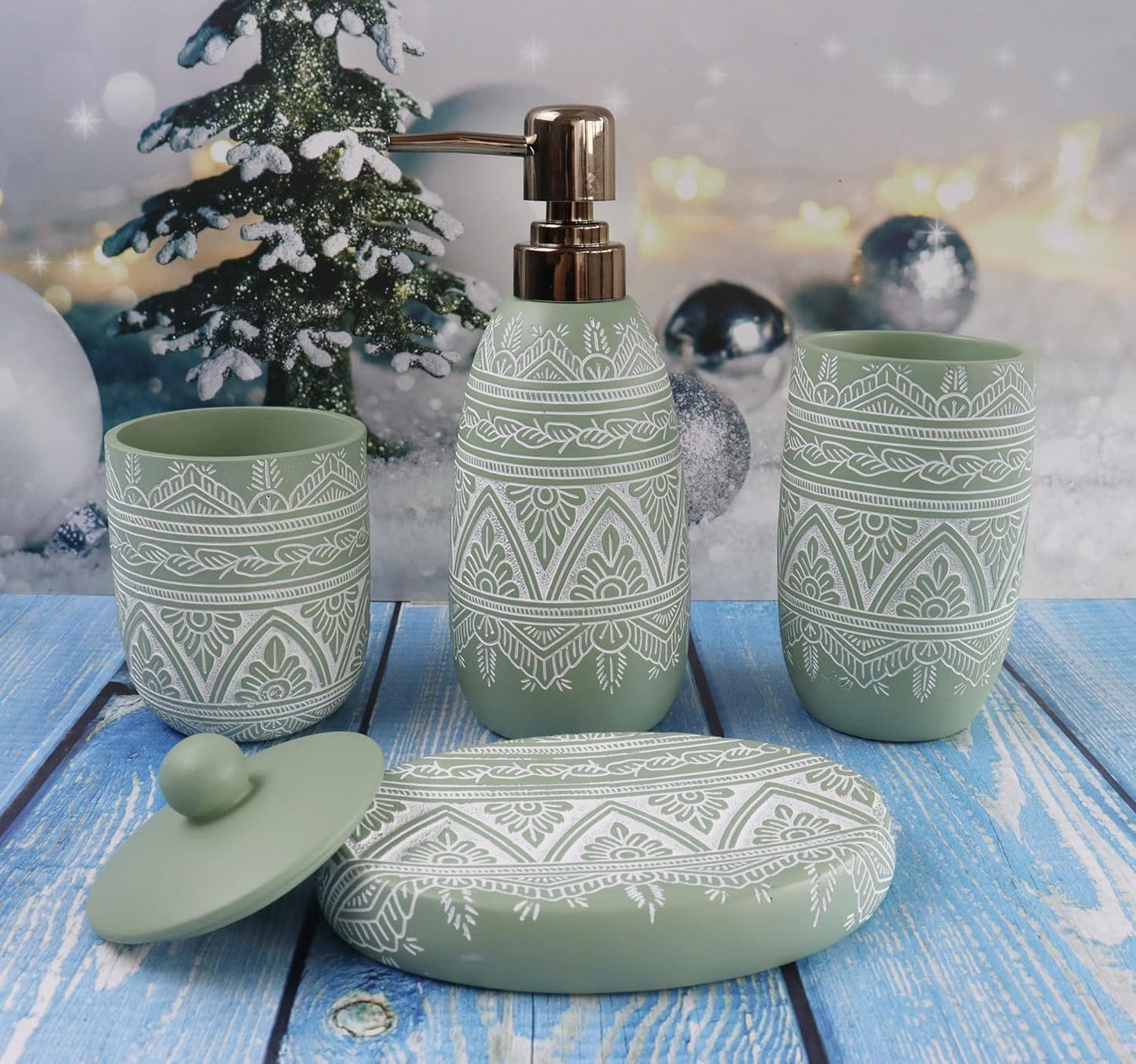 Hymmah Green Bathroom Accessories Set,Farmhouse Bathroom Decor,4 Pcs Resin Gift Set Apartment Necessities, Contain Cotton Swab Jar,Soap Dispenser,Tumbler，Soap Dish/Tray
