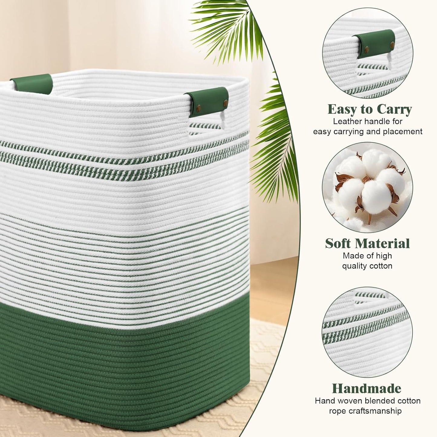 Laundry Hamper, 85L Tall Laundry Basket with Leather Handles, Rectangle Large Clothes Hamper for Organizing, Cotton Woven Laundry Baskets Storage Hampers for Bedroom, Nursery, Living Room