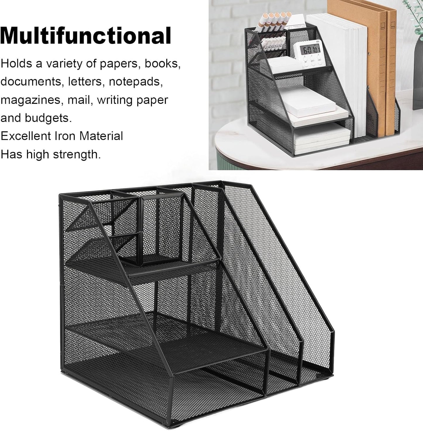 Metal Mesh Desk Organizer, Multifunctional Pen Holder & Office Supplies Organizer with Durable Lightweight Black Iron Design