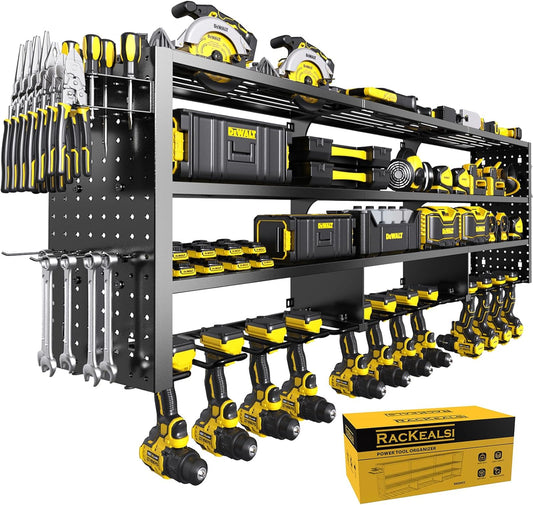 49" W Large Power Tool Organizer Wall Mount, 4 Layer Heavy Duty Metal Tool Storage Rack with 12 Drills Holder, Utility Racks for Garage Workshop, Ideal Garage Organization