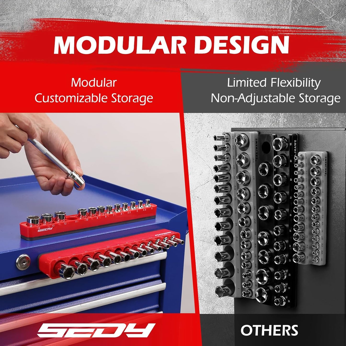 2-Piece 1/4"-Drive Metric Magnetic Socket Organizer Set (Holds 26 Sockets) - Detachable Tool Tray with 5mm Magnetic Base, Screw-Fixed Design & Heavy-Duty Modular Storage for Garage/Home Workshop