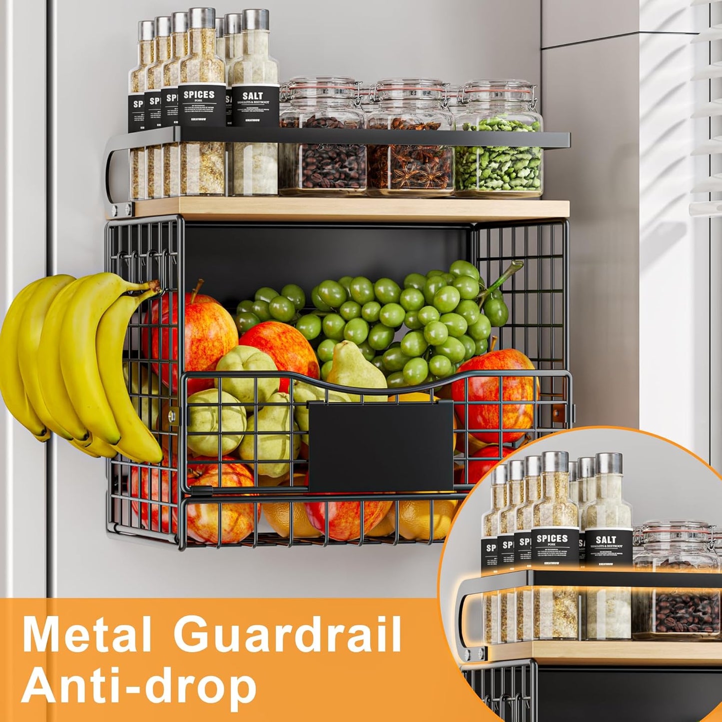 Magnetic Shelf for Fridge,Kitchen Storage Basket for Onion,Potato,Snack,Spice,Fruit and Vegetable Storage,Kitchen Countertop,Pantry Hanging Basket Organizer