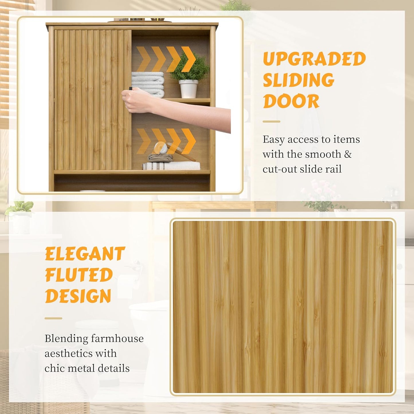 BlueWish Over The Toilet Storage Cabinet, Bamboo Over Toilet Storages with Fluted Door, Over The Toilet Cabinet Bathroom Organizer, Bathroom Shelf Over The Toilet, Storage Rack, Natural