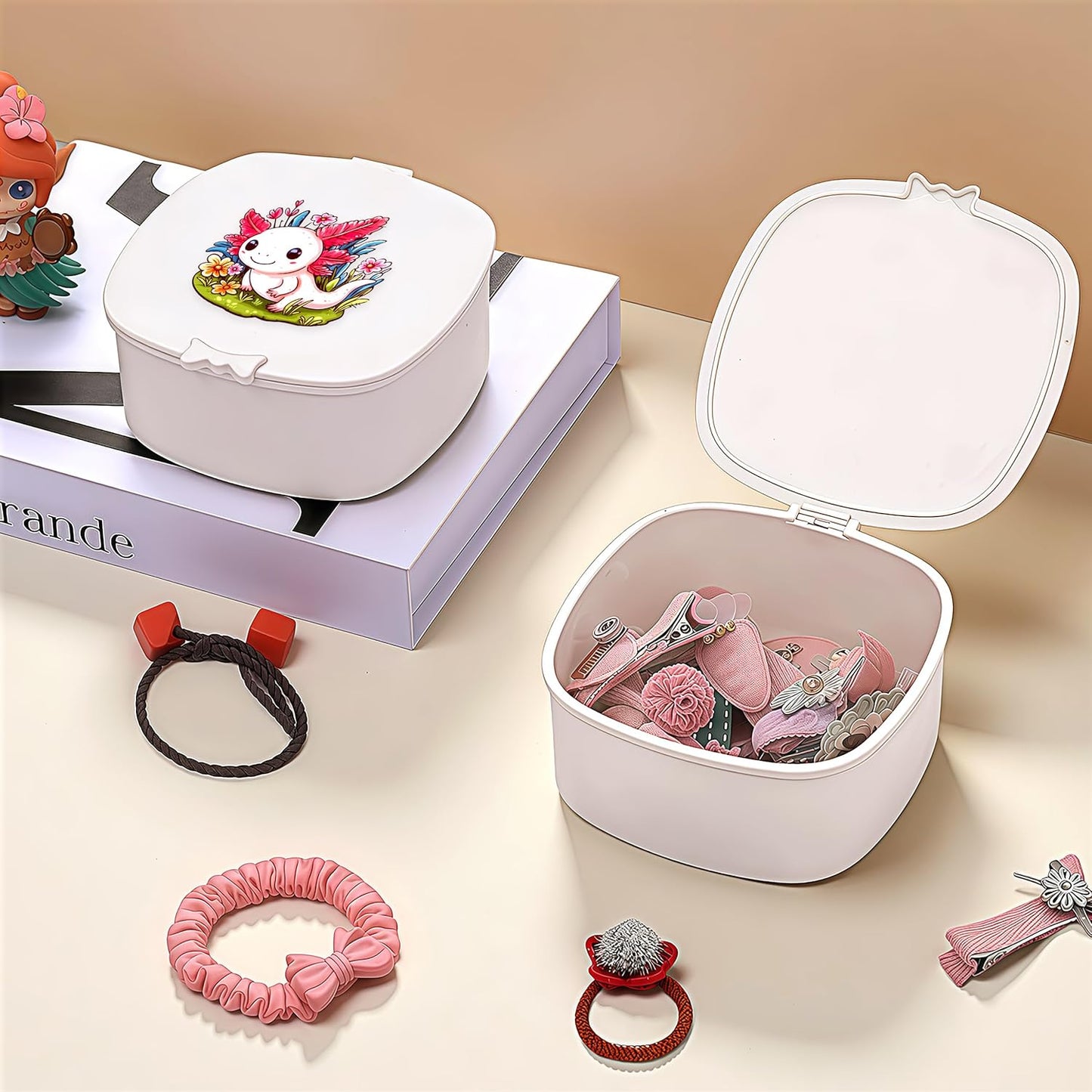 Small Hair Accessories Organizer Box For Girls Kids Teens Women, Hair clips/Ties/bands/pins/barrettes/scrunchies Organizer and Storage! (Axolotl)