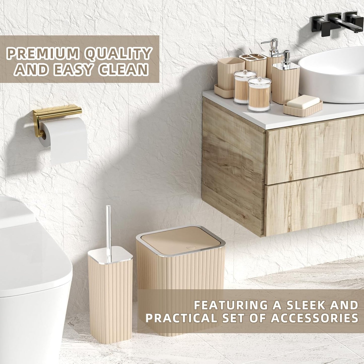Bathroom Accessories Set - Gorgeous Beige Bathroom Set, 10PC Bathroom Accessory Set, Toilet Brush, Trash Can & Soap Dispenser