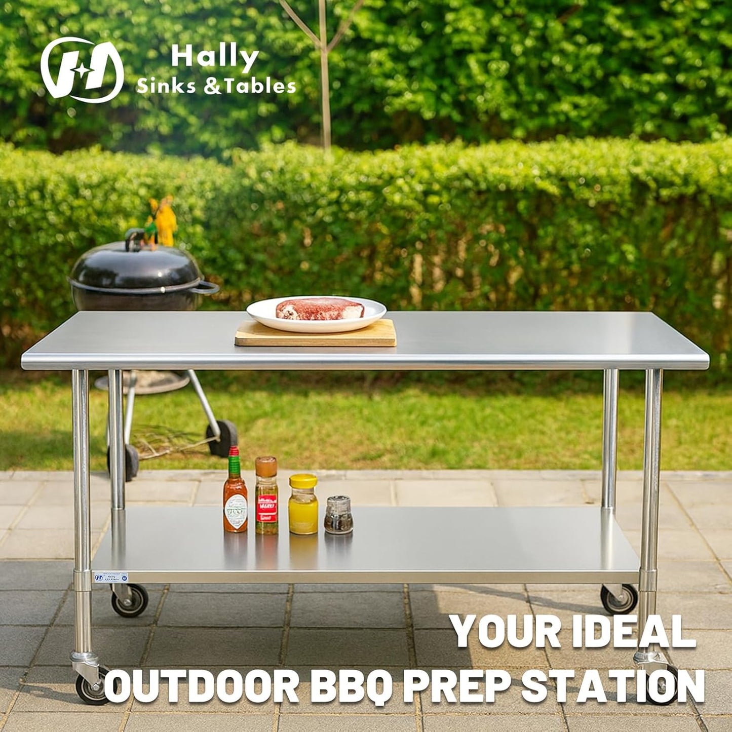 Hally Stainless Steel Table for Prep & Work 24 x 72 Inches with Caster Wheels, NSF Commercial Heavy Duty Table with Undershelf and Galvanized Legs for Restaurant, Home and Hotel