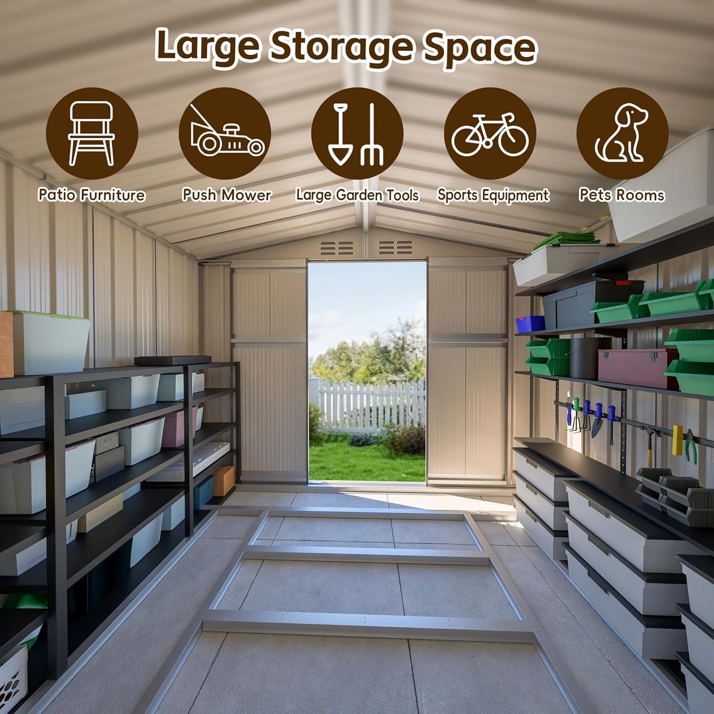 8x6ft Outdoor Metal Storage Shed with Lockable Sliding Door & Sloping Roof, Galvanized Steel Frame Waterproof Garden Tool Shed for Backyard, Garden, Lawn