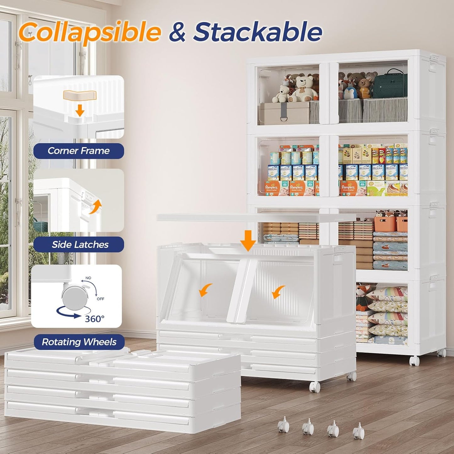 480Qt Stackable Storage Bins with Lid and Wheels, 120Gal Plastic Closet Organizer and Storage Drawer, Large Collapsible Storage Box Cabinet with Clear Door for Home Kitchen Office, 4Pack White