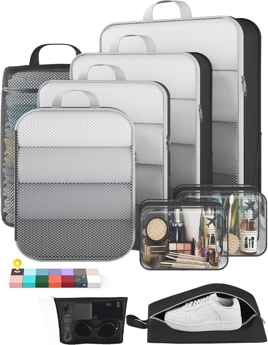 Veken 9/11 Set Compression Packing Cubes for Travel Essentials,Compressible Expandable Large Luggage Suitcase Organizer Bags for Clothing,Durable Space Saver Storage Bags with Toiletry Bags(Black)