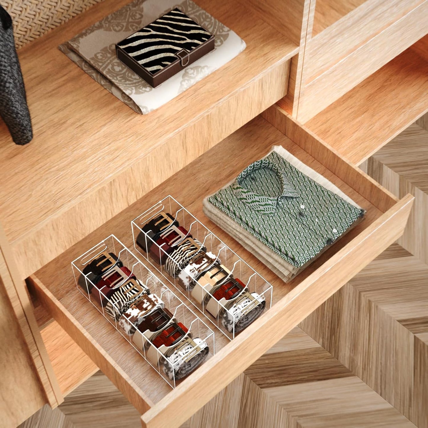 Belt Organizer - Acrylic Belt Storage Holder for Closet with Dust Cover Lid - 7 Compartments Clear Display Case for Tie and Bow Tie
