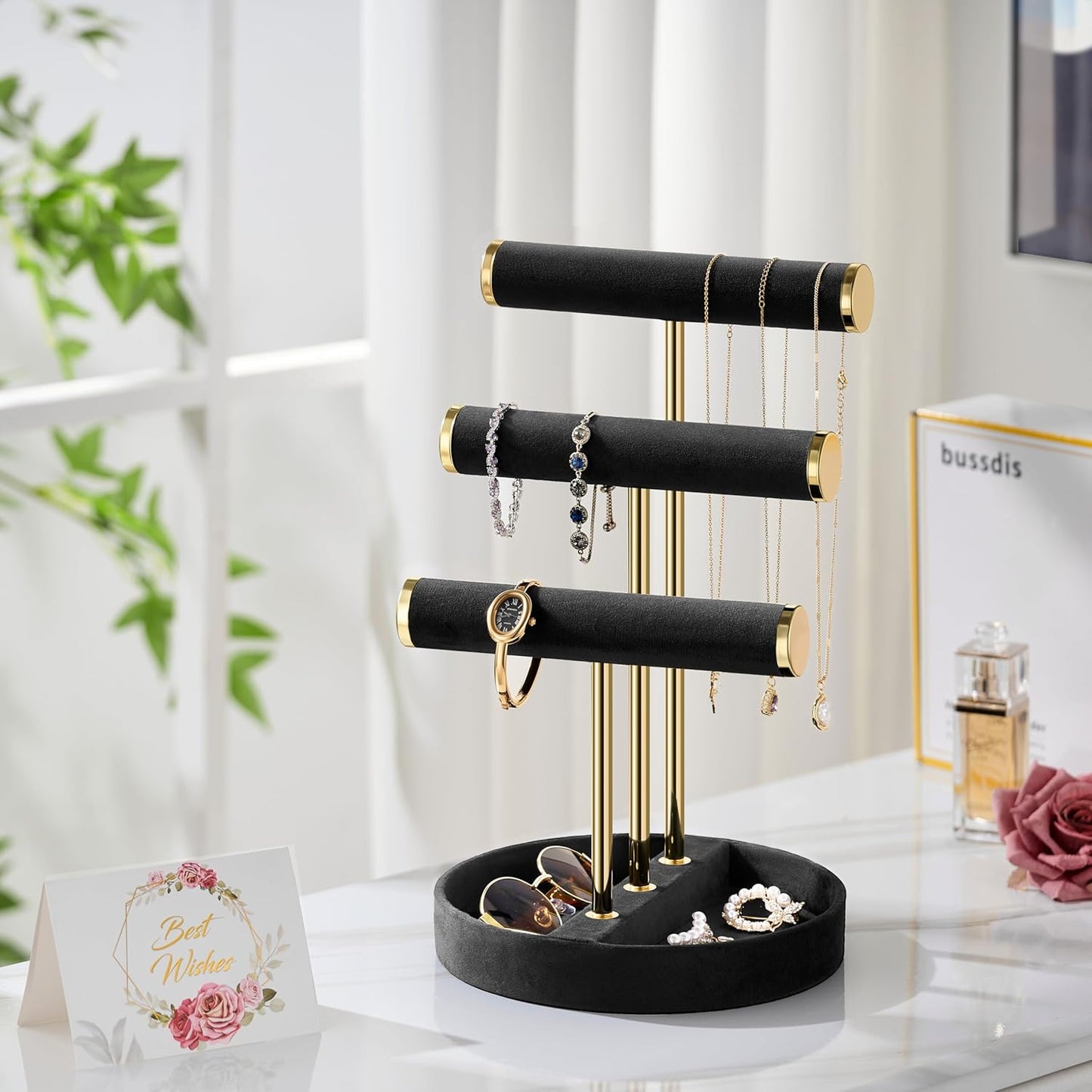 Bracelet Holder Jewelry Organizer Display - 3 Tier T Bar Velvet Stand, Black Necklace Holder Organizer, Bracelet Holder, Earring Holder and Ring Display for Jewelry Organizers and Storage